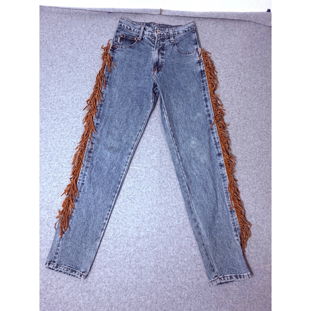JouJou Jeans Womens 5/6 Western Fringe High Waisted Straight Leg Denim Blue